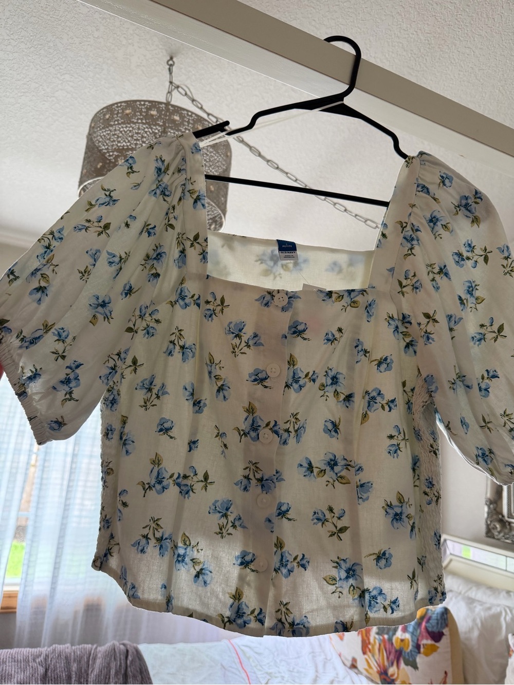 Old Navy White Blouse with Blue Floral Print and Puff Sleeves